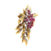 Retro 5 carat ruby diamond 14k gold leaf brooch