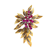 Retro 5 carat ruby diamond 14k gold leaf brooch