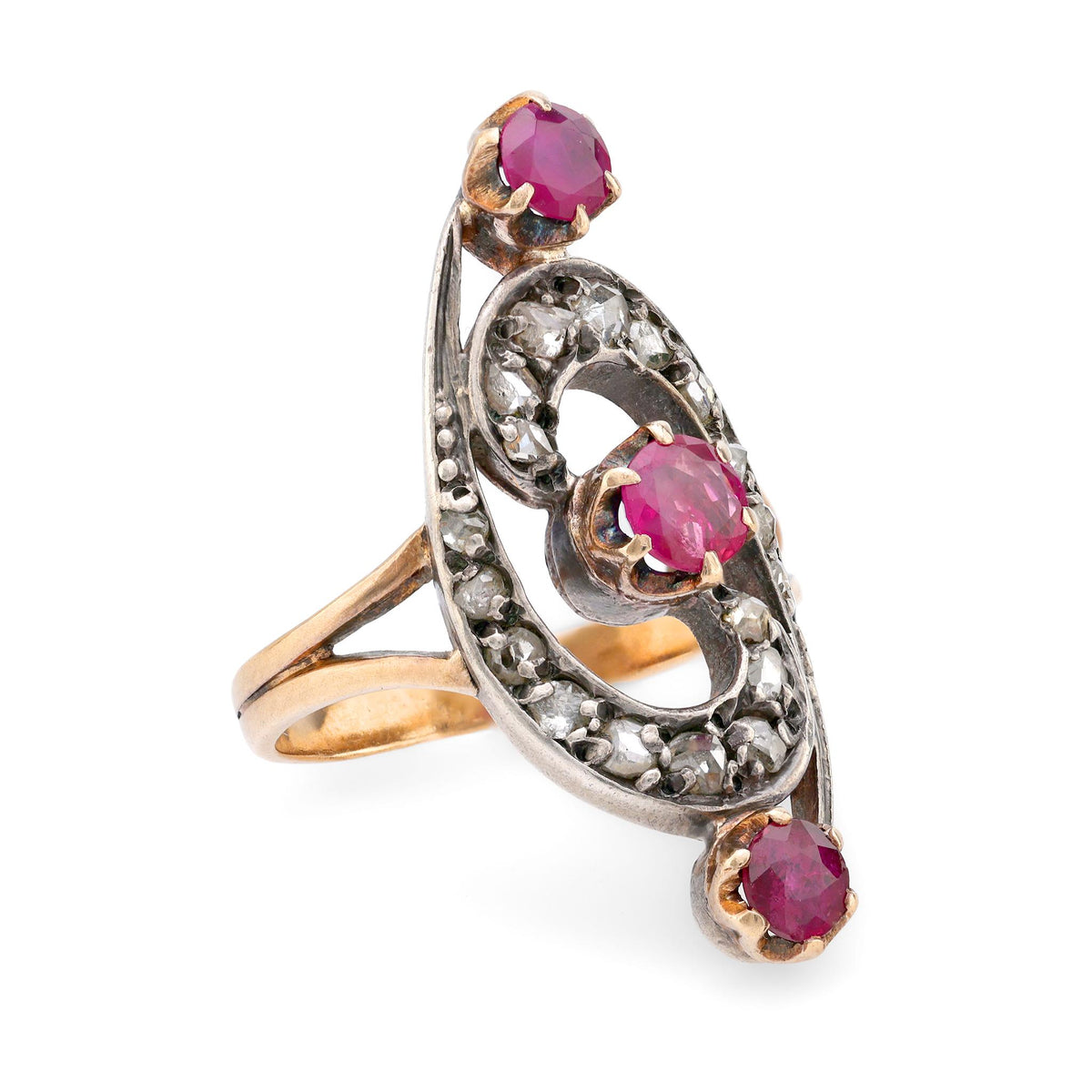 Belle Époque French ruby diamond 18k yellow silver ring