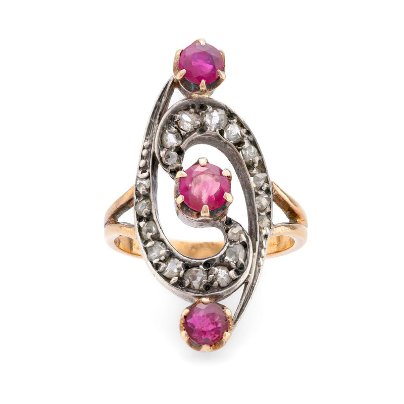 Belle Époque French ruby diamond 18k yellow silver ring