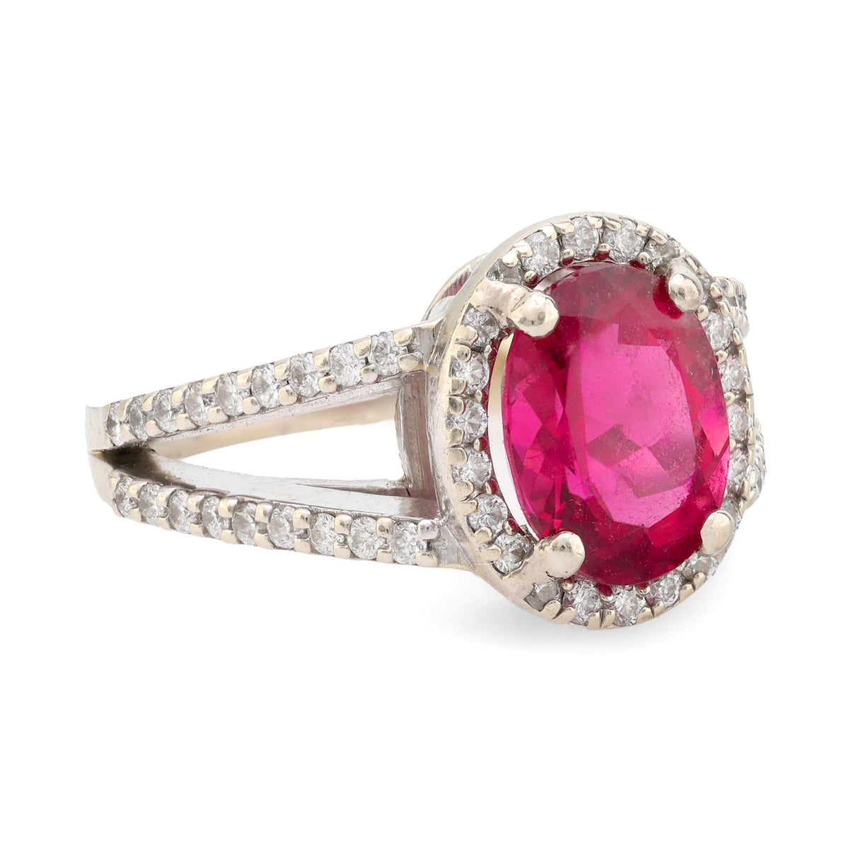 Vintage 2.30 carat pink tourmaline diamond 14k white gold pave ring