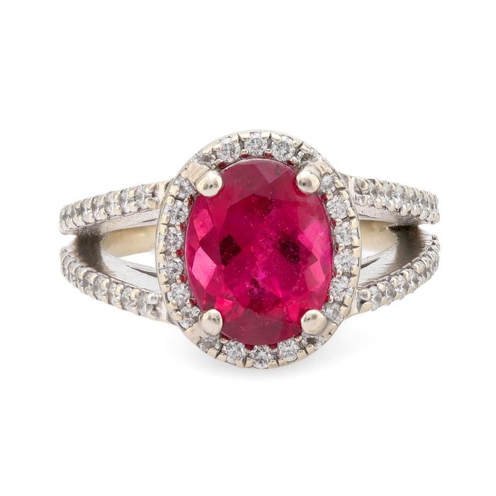 Vintage 2.30 carat pink tourmaline diamond 14k white gold pave ring