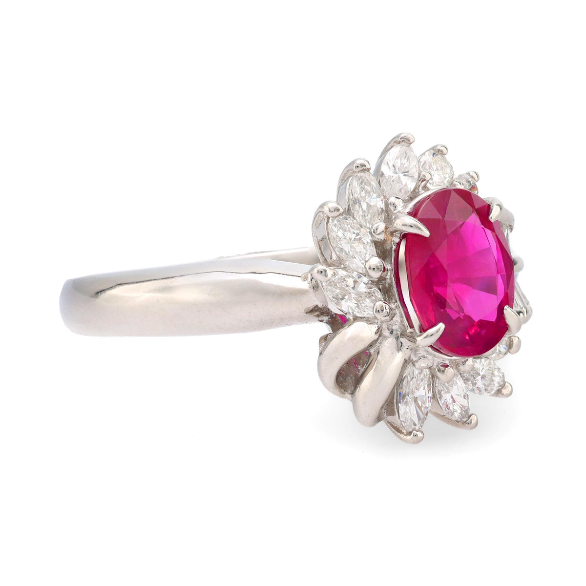 GIA 1.40 carat oval cut Burma ruby diamond platinum cluster ring