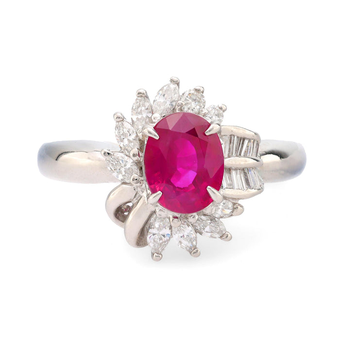 GIA 1.40 carat oval cut Burma ruby diamond platinum cluster ring