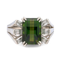 Mid Century 5.60 carat green tourmaline diamond platinum cocktail ring