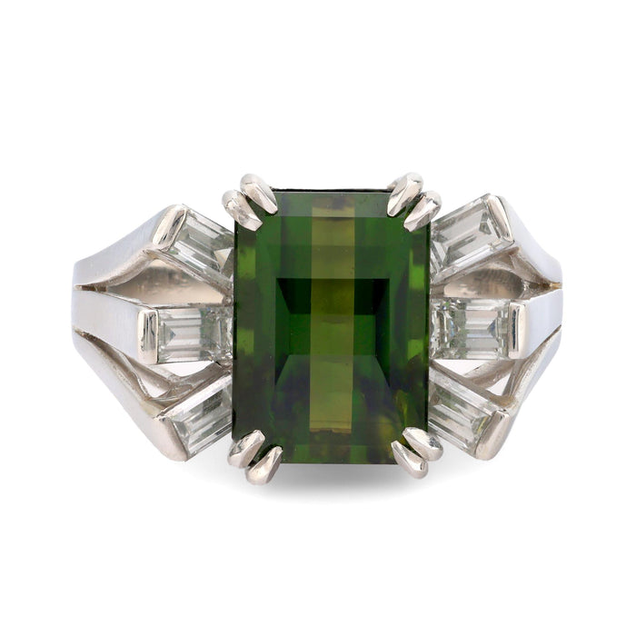 Mid Century 5.60 carat green tourmaline diamond platinum cocktail ring