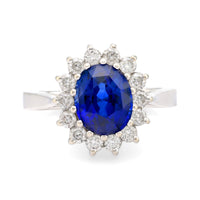 Modern 3 carat oval cut sapphire diamond 14k white gold cluster ring