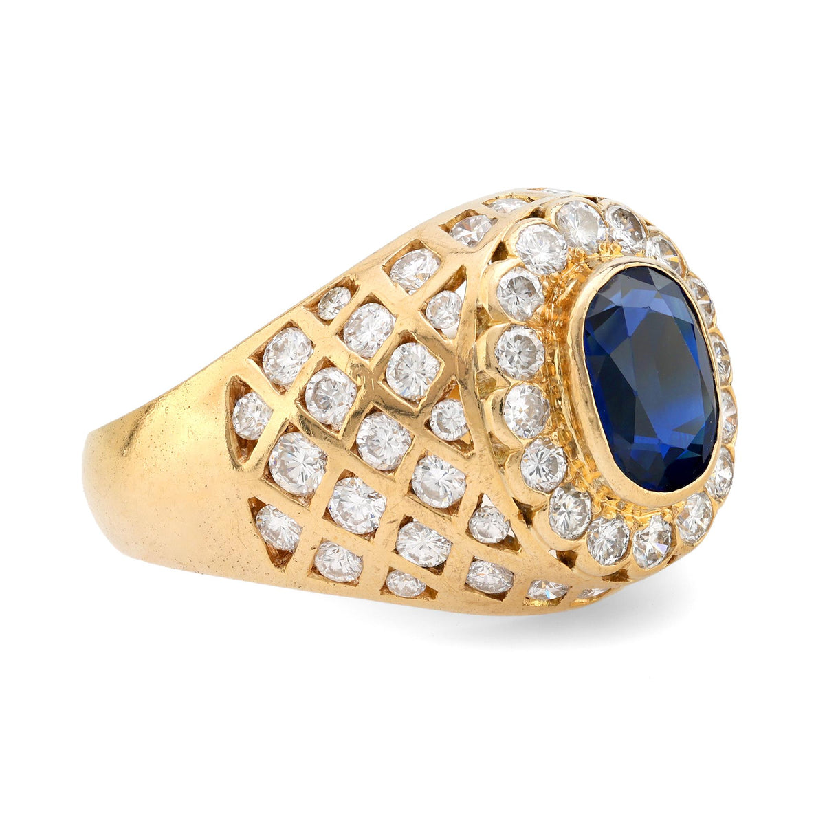 GIA 2.10 carat oval cut sapphire diamond 18k yellow gold dome ring