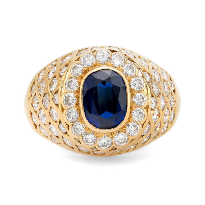 GIA 2.10 carat oval cut sapphire diamond 18k yellow gold dome ring