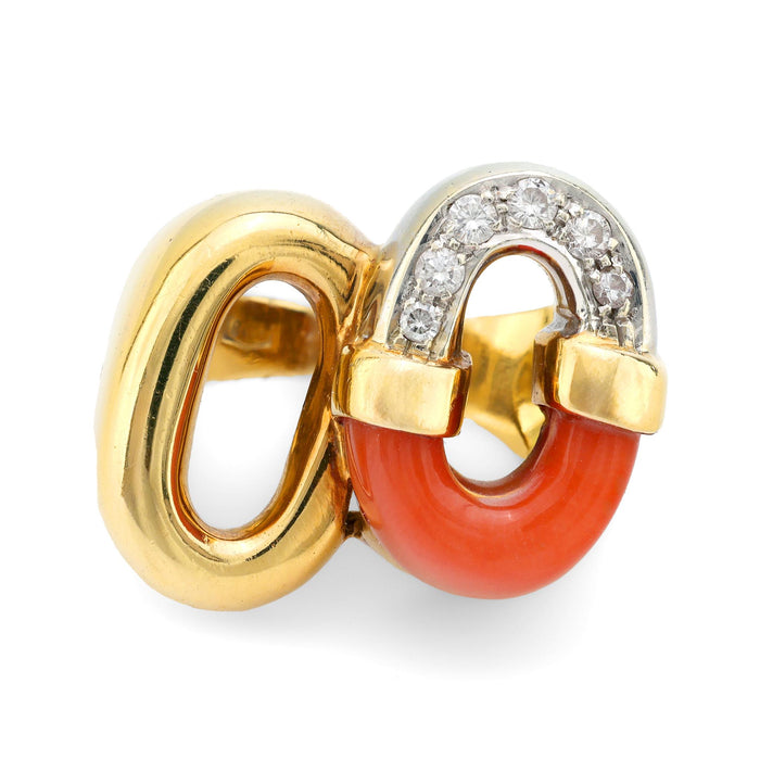 Vintage Italy diamond coral 18k gold cocktail ring