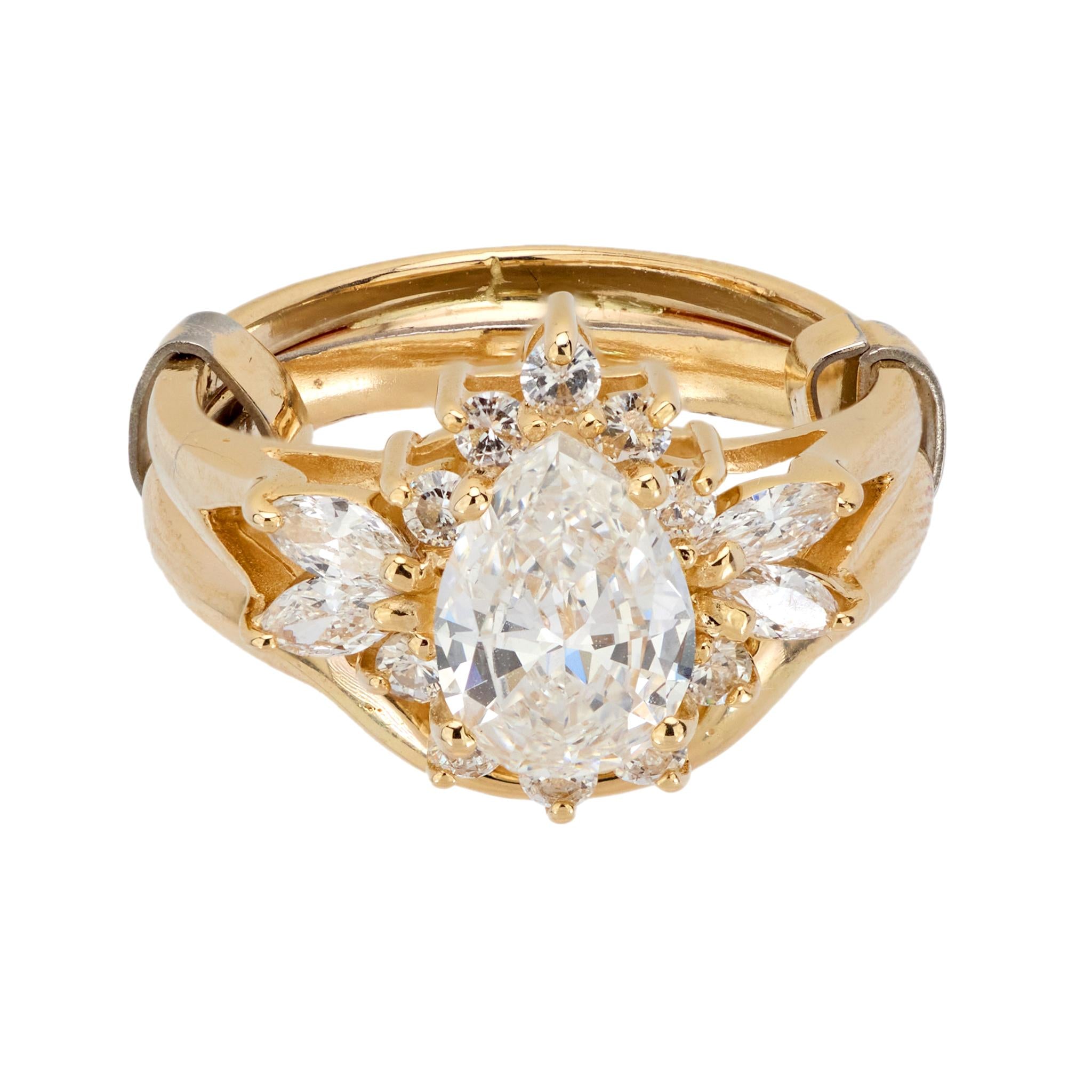 Vintage GIA 1.11 carat pear cut diamond 14k yellow gold ring