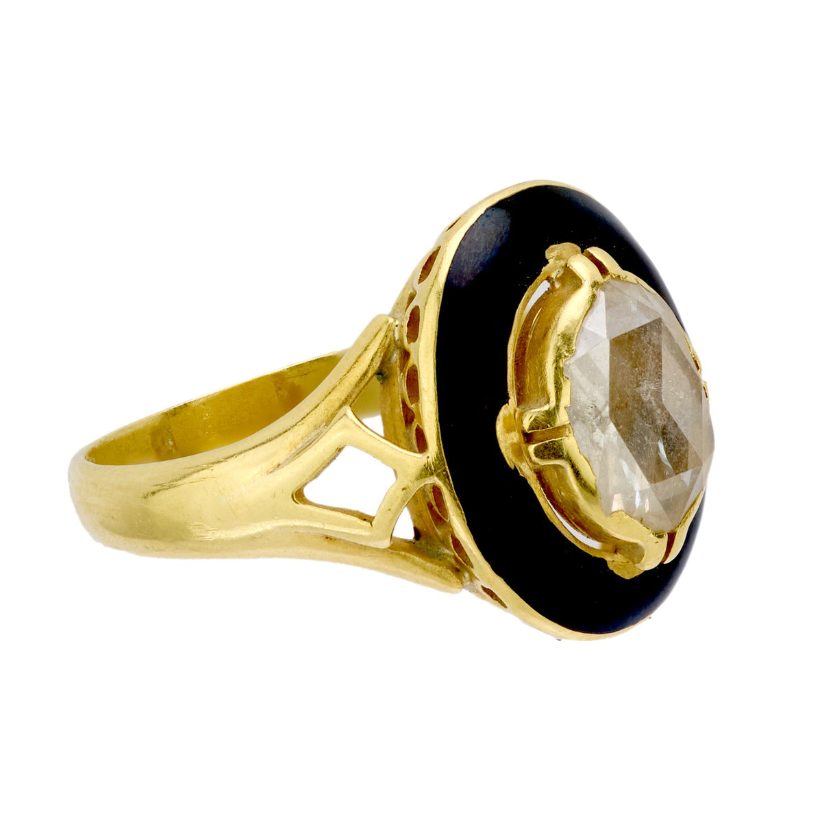 Victorian French rose cut diamond 18k yellow gold enamel ring