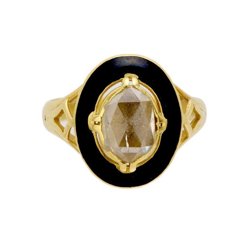 Victorian French rose cut diamond 18k yellow gold enamel ring
