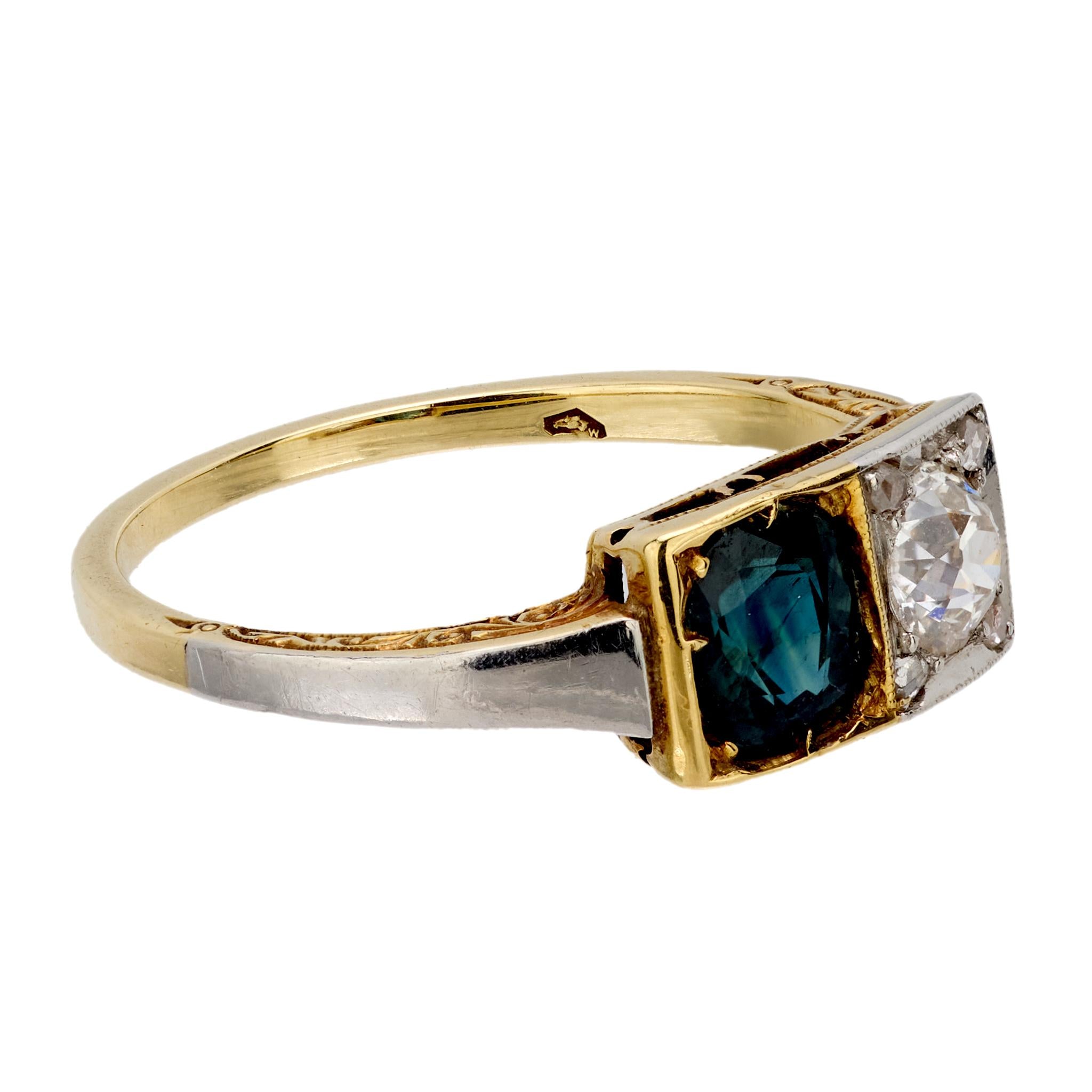 Art Deco Austrian diamond sapphire 14k yellow gold Toi Et Moi ring