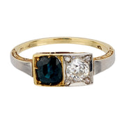 Art Deco Austrian diamond sapphire 14k yellow gold Toi Et Moi ring
