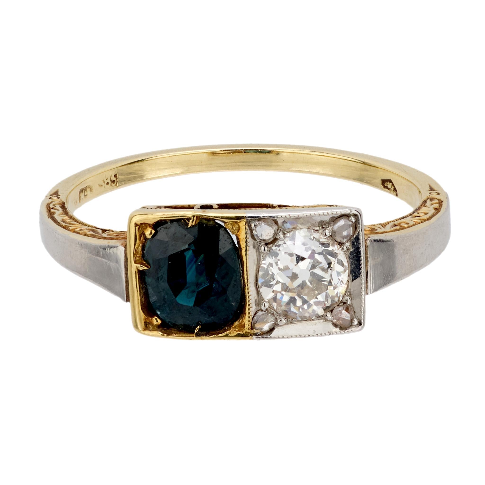 Art Deco Austrian diamond sapphire 14k yellow gold Toi Et Moi ring