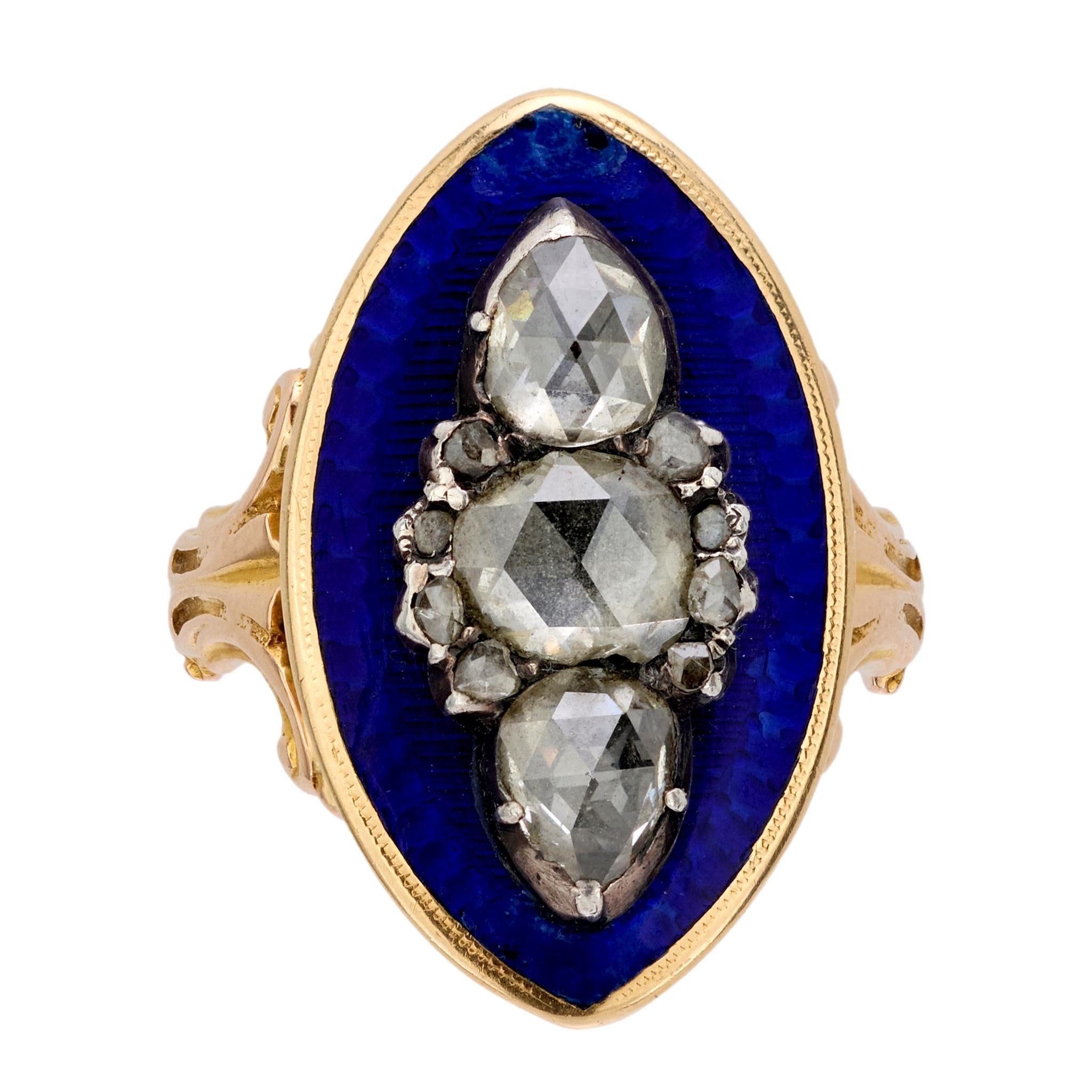 Georgian rose cut diamond blue enamel 18k rose gold navette ring