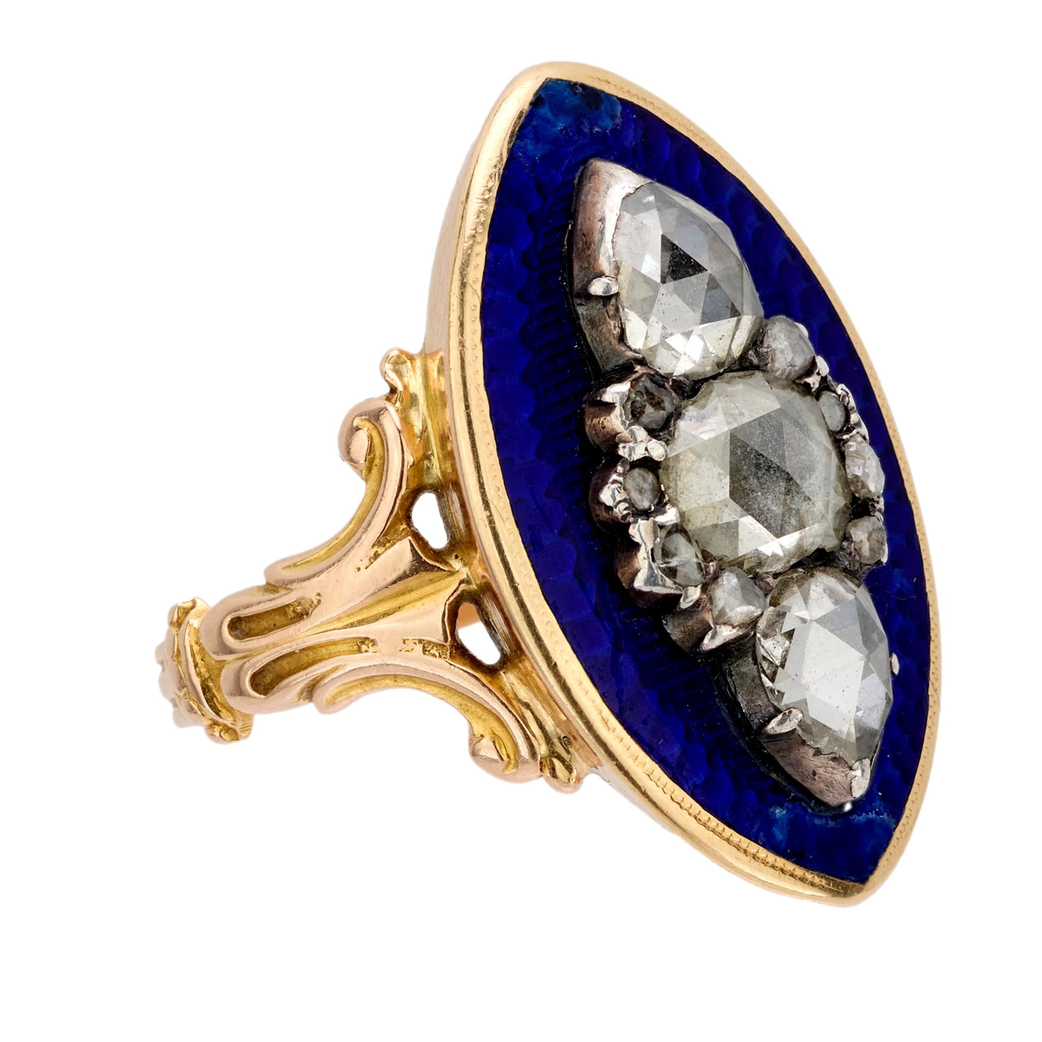 Georgian rose cut diamond blue enamel 18k rose gold navette ring