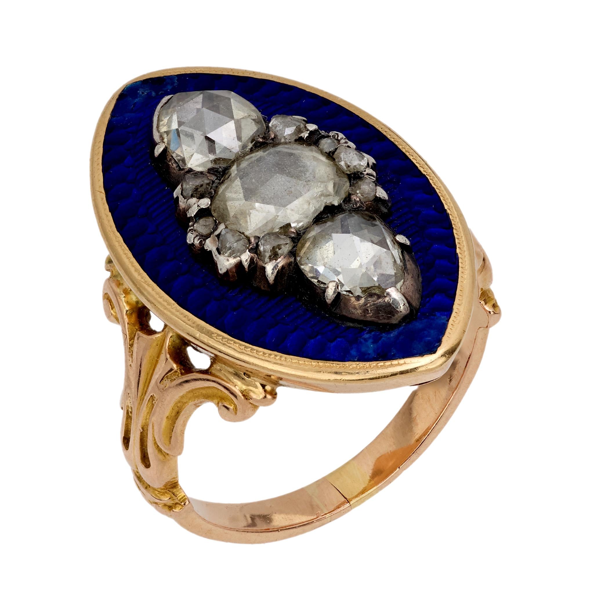 Georgian rose cut diamond blue enamel 18k rose gold navette ring