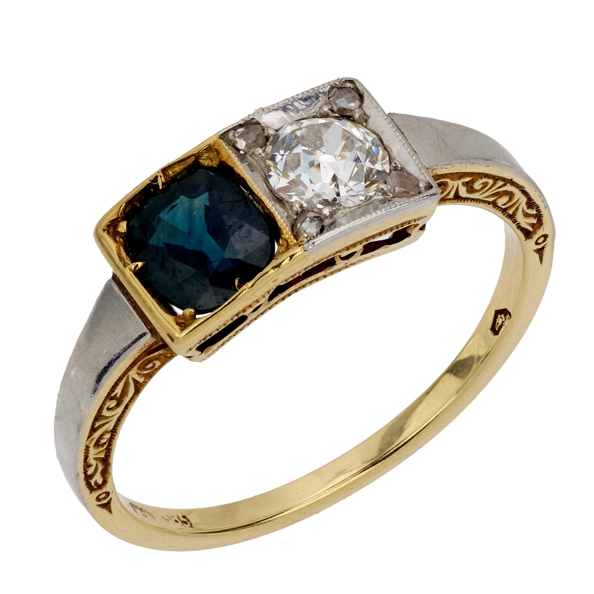Art Deco Austrian diamond sapphire 14k yellow gold Toi Et Moi ring