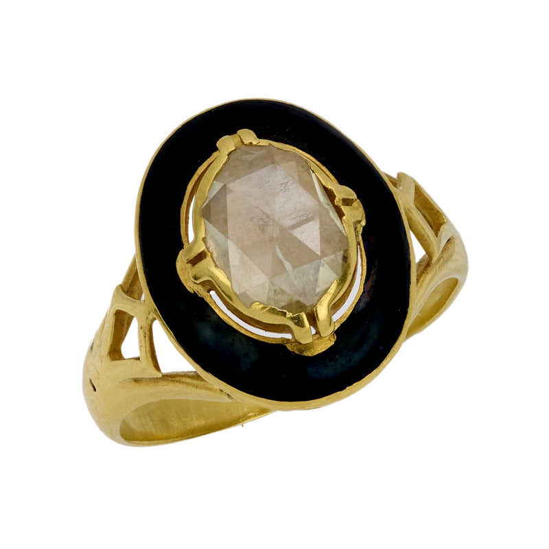 Victorian French rose cut diamond 18k yellow gold enamel ring