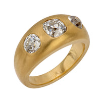 2.17 carat old mine cut diamond matte 18k gold three stone band