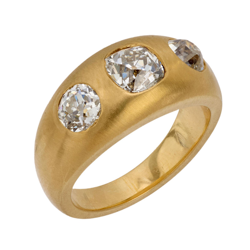 2.17 carat old mine cut diamond matte 18k gold three stone band