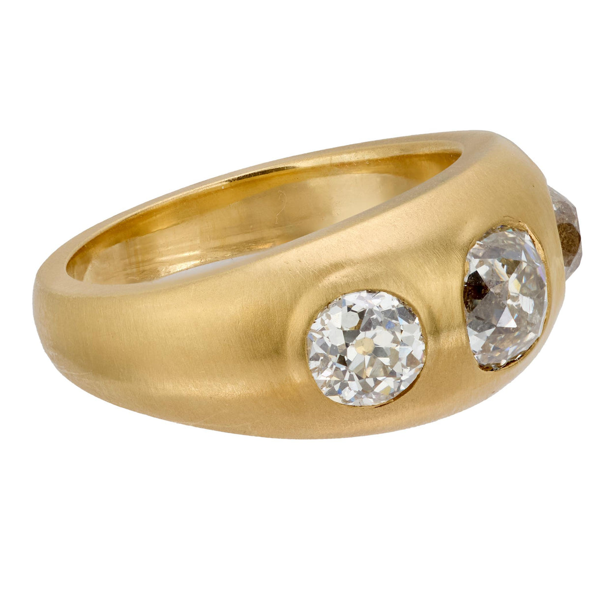 2.17 carat old mine cut diamond matte 18k gold three stone band