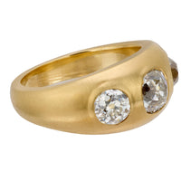 2.17 carat old mine cut diamond matte 18k gold three stone band
