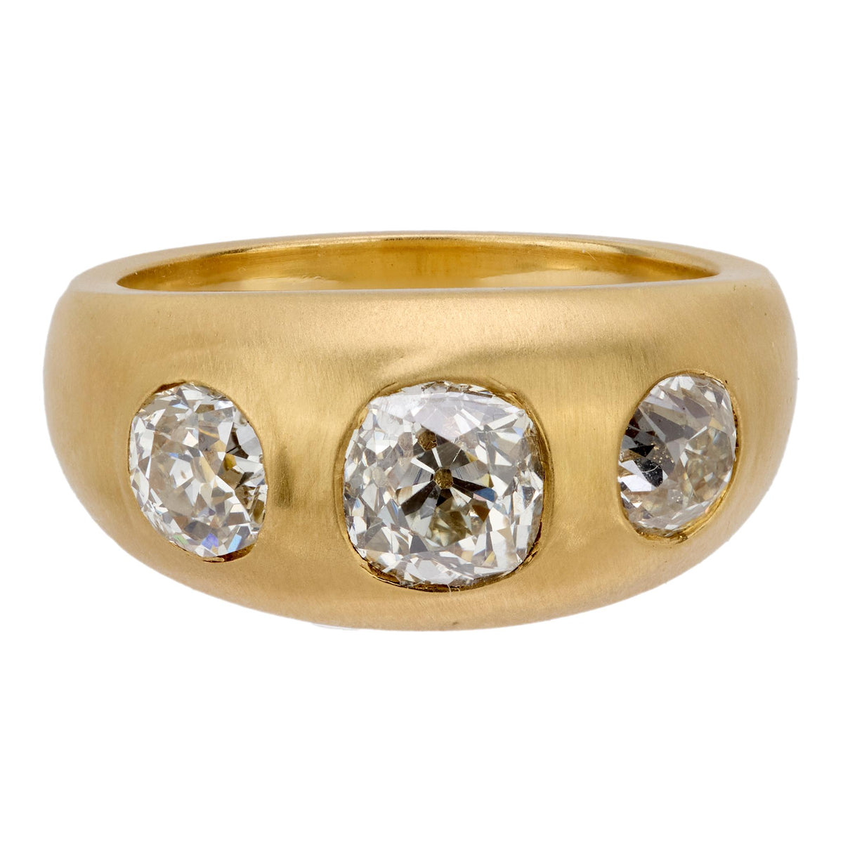 2.17 carat old mine cut diamond matte 18k gold three stone band