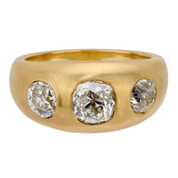 2.17 carat old mine cut diamond matte 18k gold three stone band