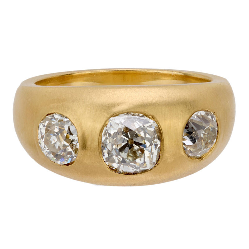 2.17 carat old mine cut diamond matte 18k gold three stone band