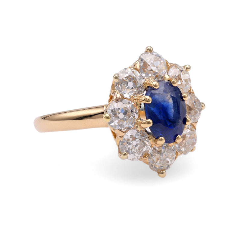 Edwardian GIA 1.41 Carats Kashmir No Heat Sapphire Diamond 18k Gold Cluster Ring