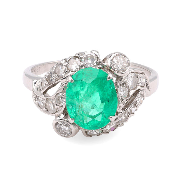 Mid-Century GIA Emerald Diamond Platinum Ring