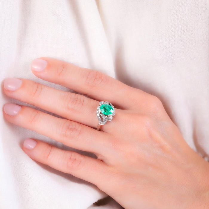 Mid-Century GIA Emerald Diamond Platinum Ring