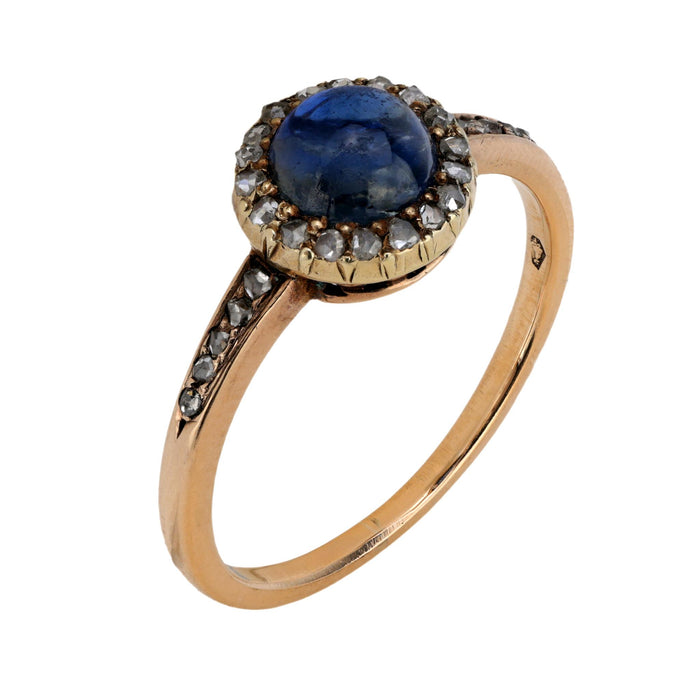 Antique cabochon sapphire diamond 14k rose gold halo ring