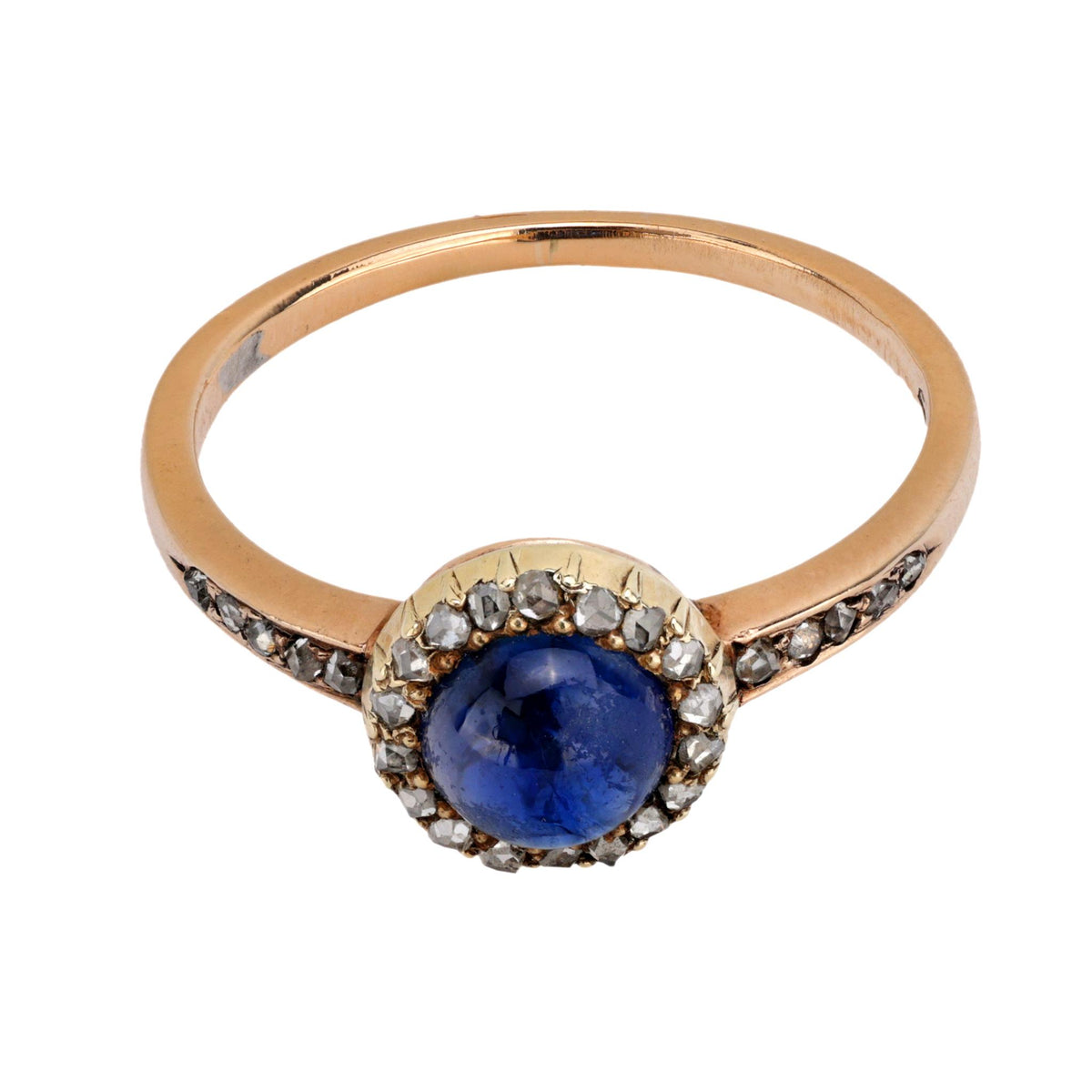 Antique cabochon sapphire diamond 14k rose gold halo ring