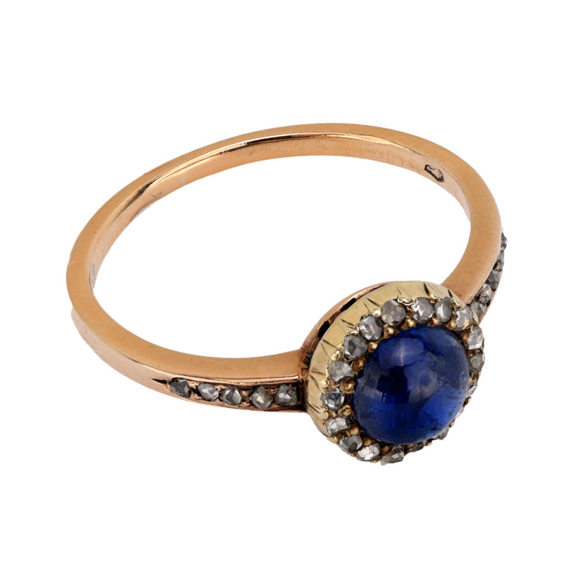 Antique cabochon sapphire diamond 14k rose gold halo ring