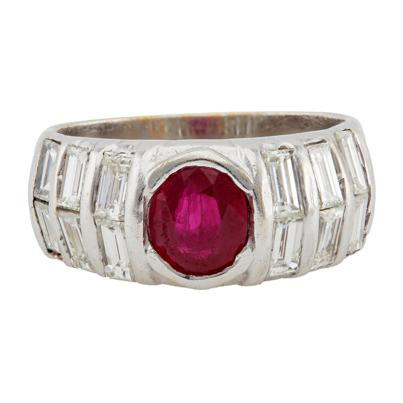 Mid Century Ruby and Diamond 18k White Gold Band Ring