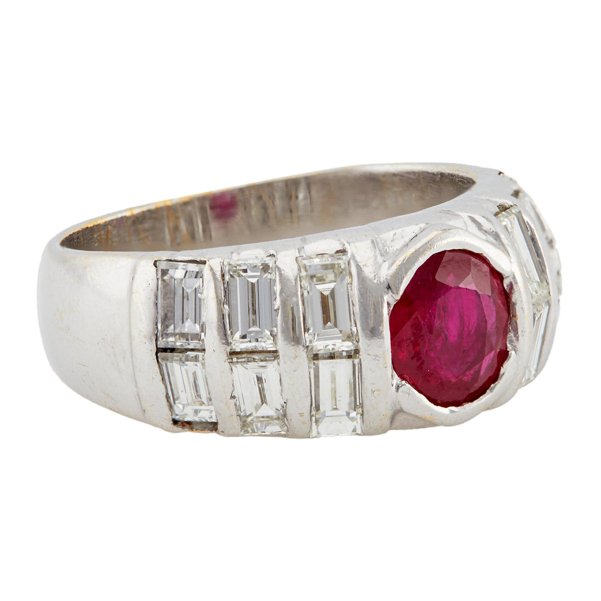 Mid Century Ruby and Diamond 18k White Gold Band Ring