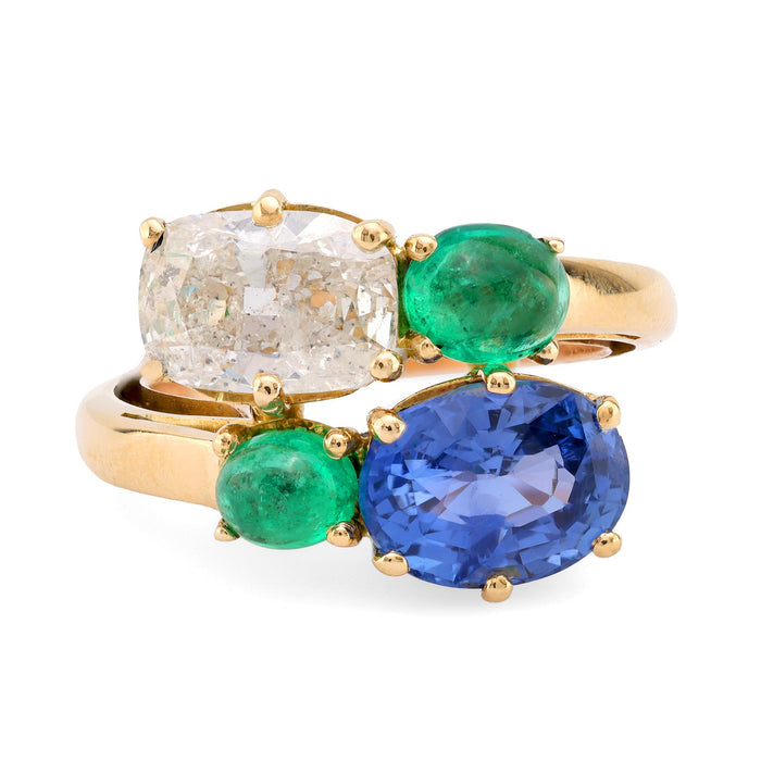 French GIA Sapphire & GIA Diamond Emerald 18K Toi Et Moi Ring