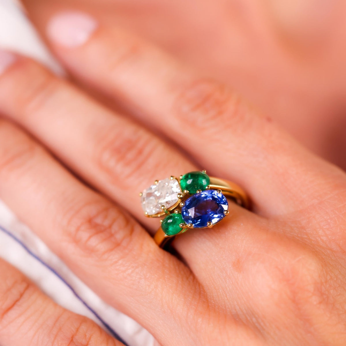 French GIA Sapphire & GIA Diamond Emerald 18K Toi Et Moi Ring