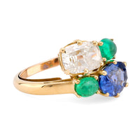 French GIA Sapphire & GIA Diamond Emerald 18K Toi Et Moi Ring