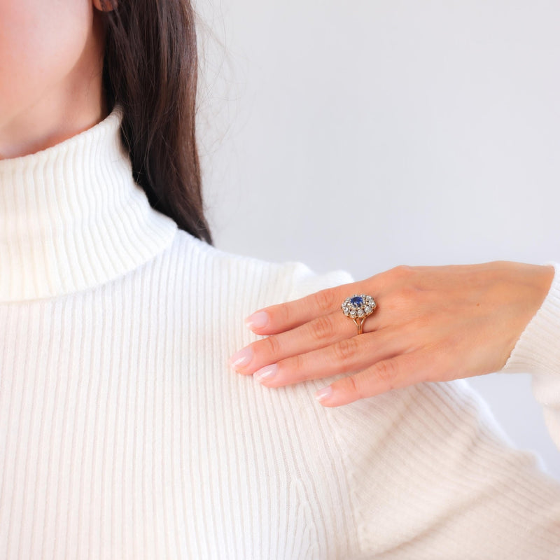 Retro Sapphire Diamond 18K Yellow and White Gold Cluster Ring