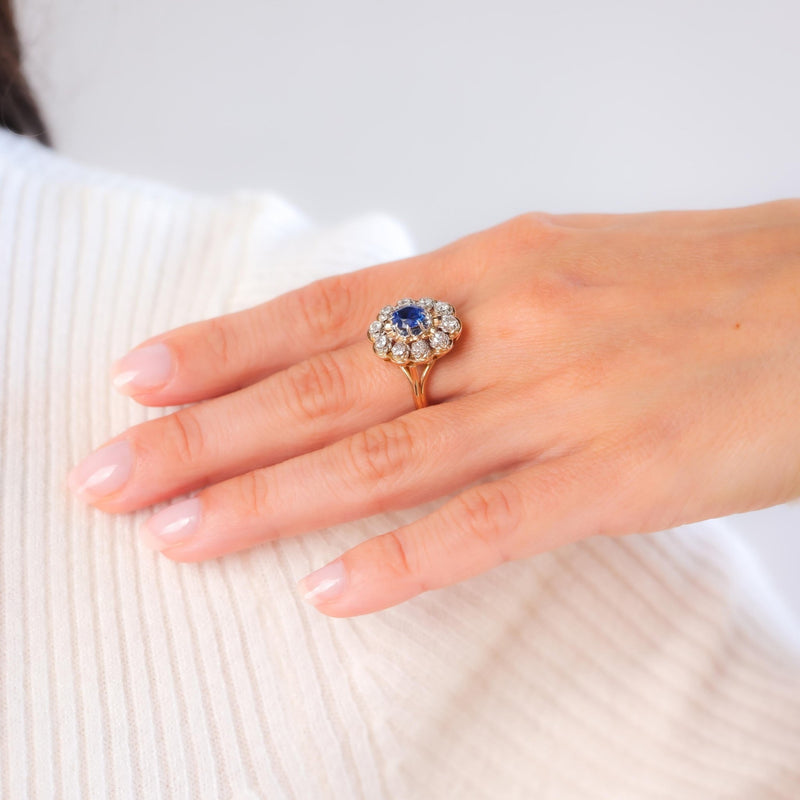 Retro Sapphire Diamond 18K Yellow and White Gold Cluster Ring