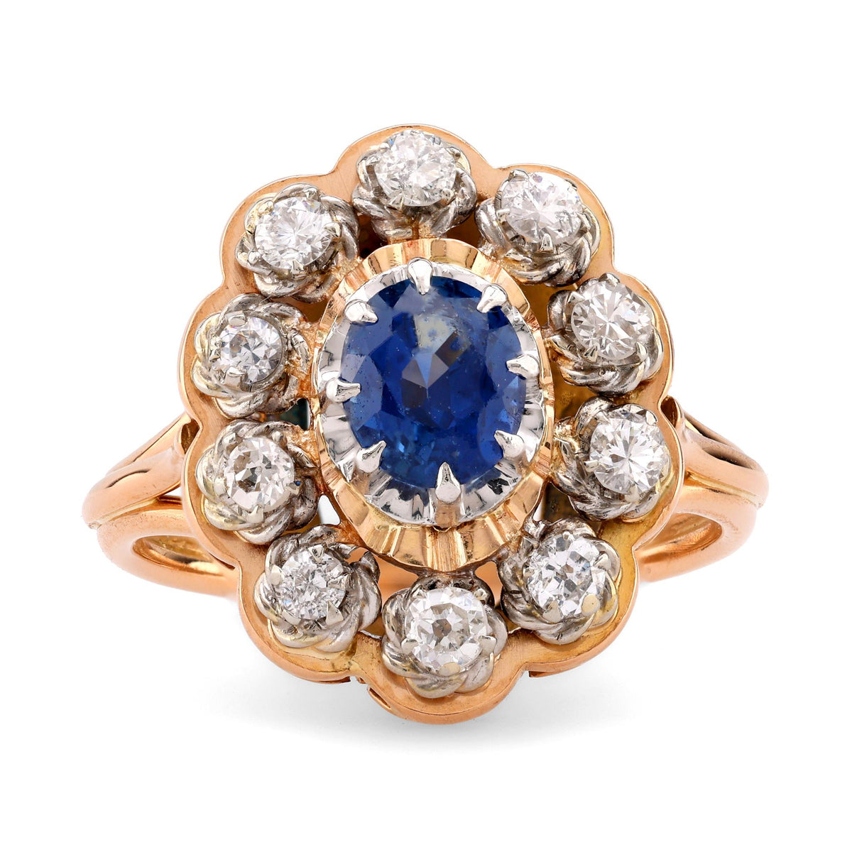 Retro Sapphire Diamond 18K Yellow and White Gold Cluster Ring