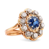 Retro Sapphire Diamond 18K Yellow and White Gold Cluster Ring