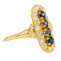 Vintage French Sapphire Diamond 18K Yellow Gold Navette Ring