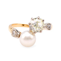 Belle Epoque GIA Diamond Pearl 18K Yellow Gold and Platinum Toi et Moi Ring