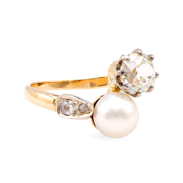 Belle Epoque GIA Diamond Pearl 18K Yellow Gold and Platinum Toi et Moi Ring